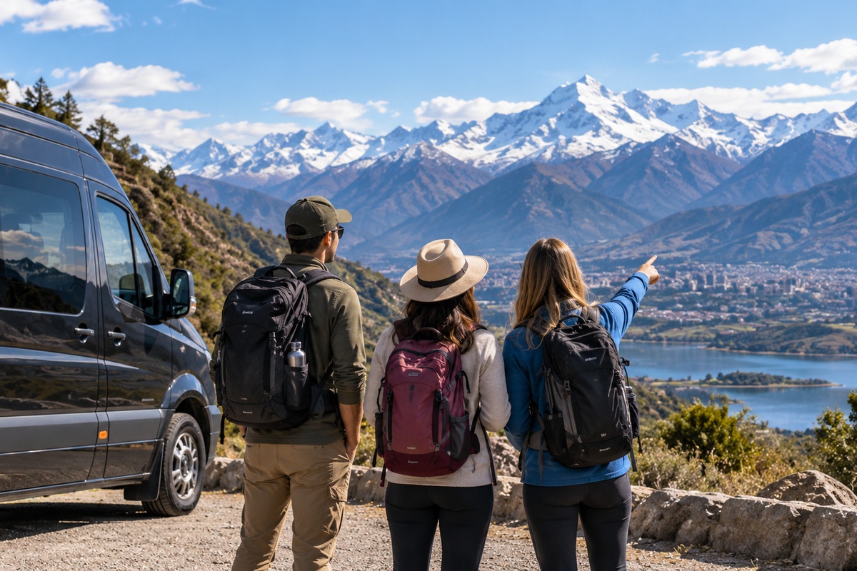 Viajeros contemplando un paisaje cordillerano en Chile